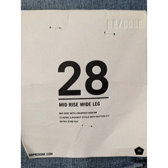RE/DONE Mid Rise Wide Leg Jeans Button Fly Womens Size 28 Blasted Wash NWT $295